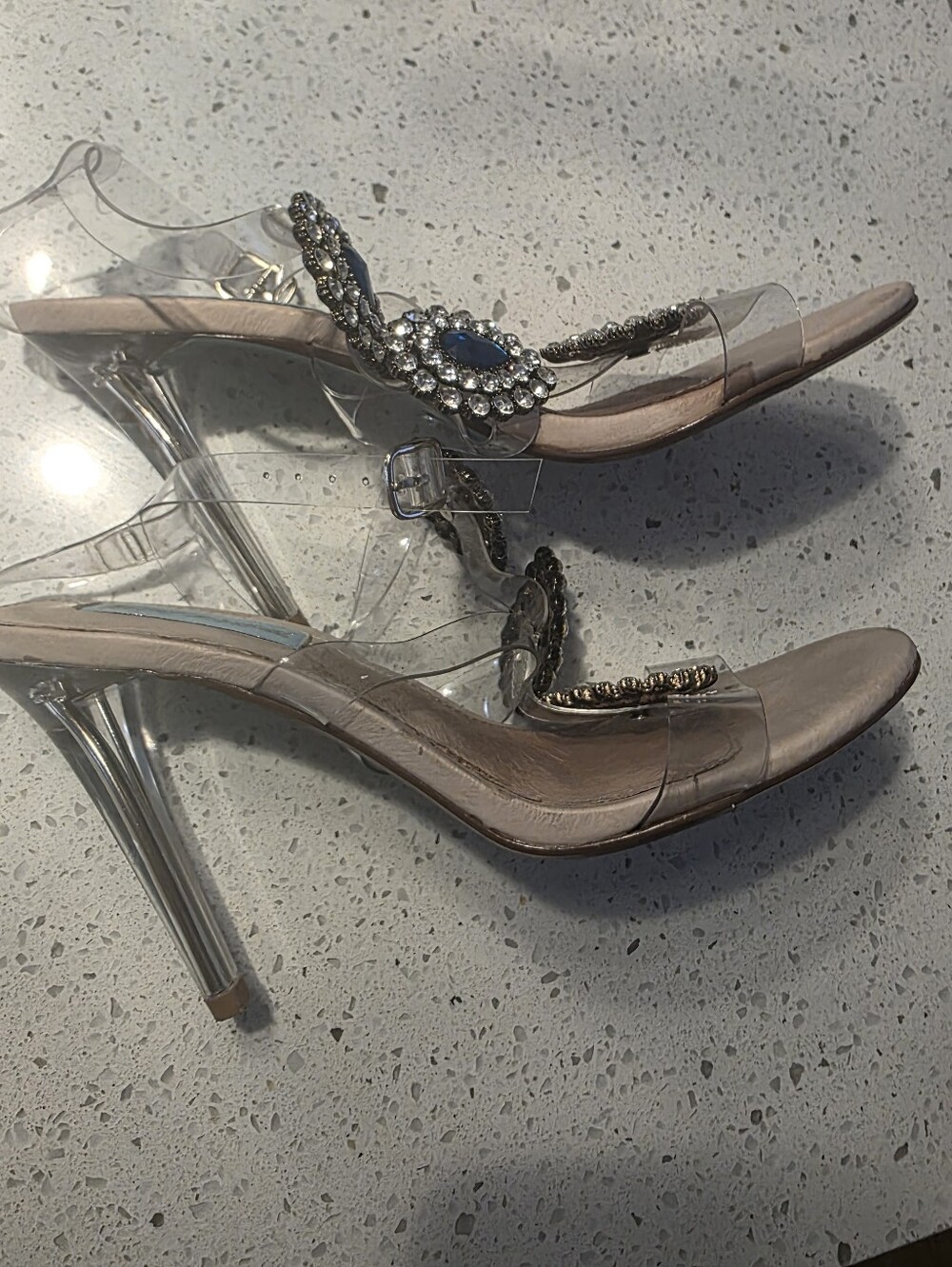 Betsey Johnson Clear Strap Stiletto Sandals with Blue Gem Accents - Picture 6 of 7
